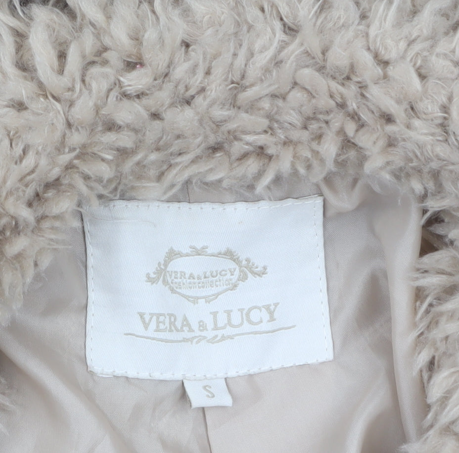 Vera & Lucy Women Beige Faux Fur Mid-Length Coat Size S