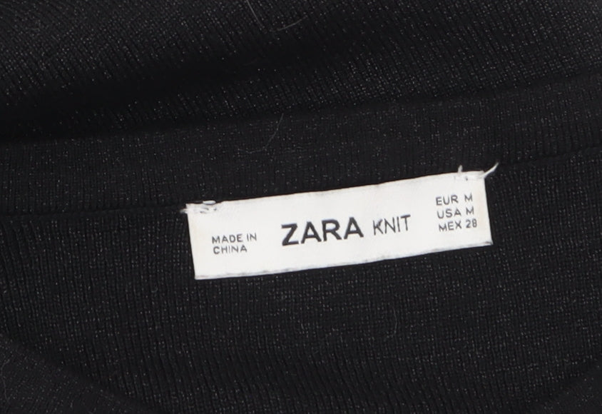 Zara Women Black Feather Trim Knit Shift Dress Size 12