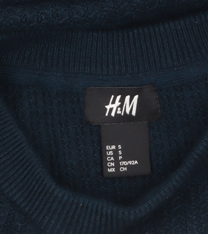 H&M Men’s Blue Cotton Blend Waffle-Knit Crew Neck Jumper Size S