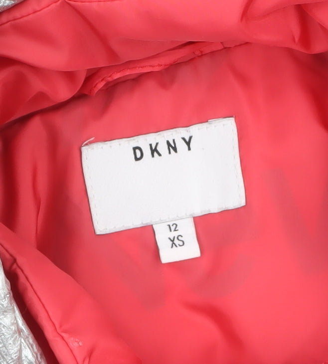 DKNY Women’s Pink Short Puffer Jacket XS Hooded Logo Winter Coat