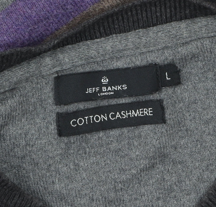 Jeff Banks Men's Multicoloured Striped V-Neck Cotton Cashmere Jumper L