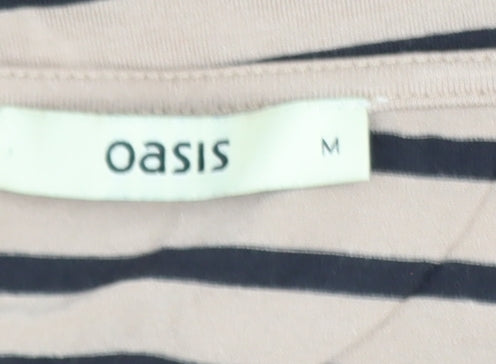 Oasis Women Beige Striped 3/4 Sleeve Ruffle Jersey Top M