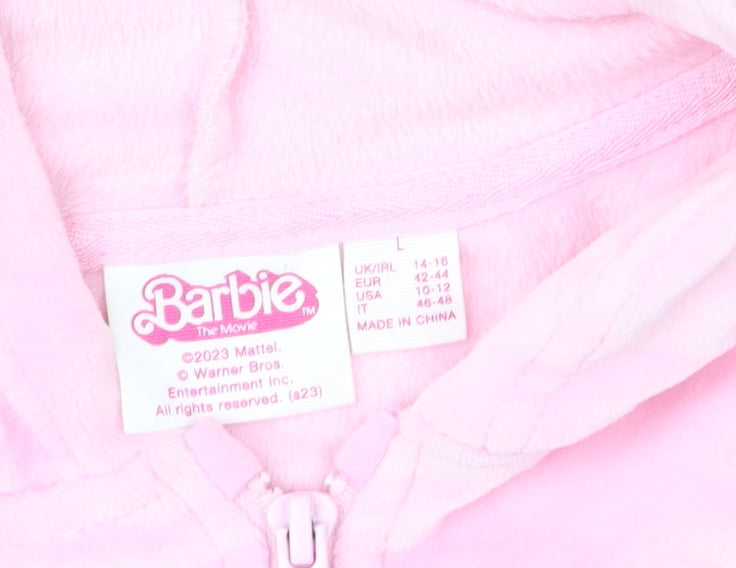 Barbie Women Pink L Velour Cropped Hooded Full Zip Track Jacket