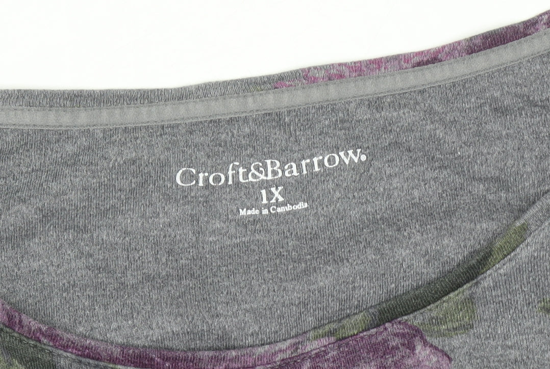 Croft & Barrow Women's Grey Floral Long Sleeve Jersey T-Shirt Size 18 Plus