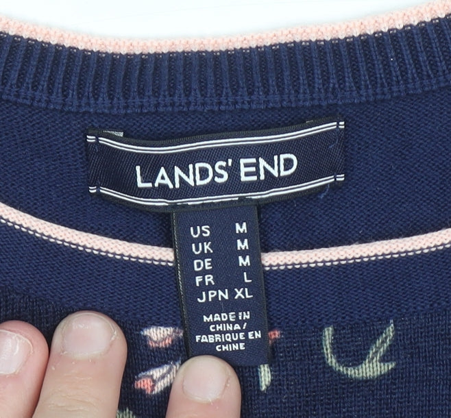 Lands' End Women's Blue Floral & Stripe Cotton Pullover Jumper L