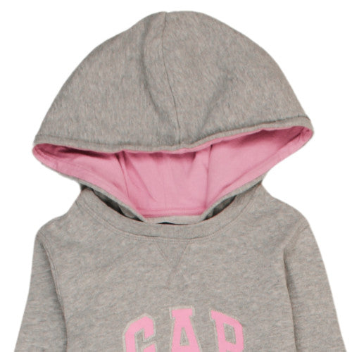 Brand and care label for Gap Kids girls’ grey hooded pullover sweatshirt medium with logo print