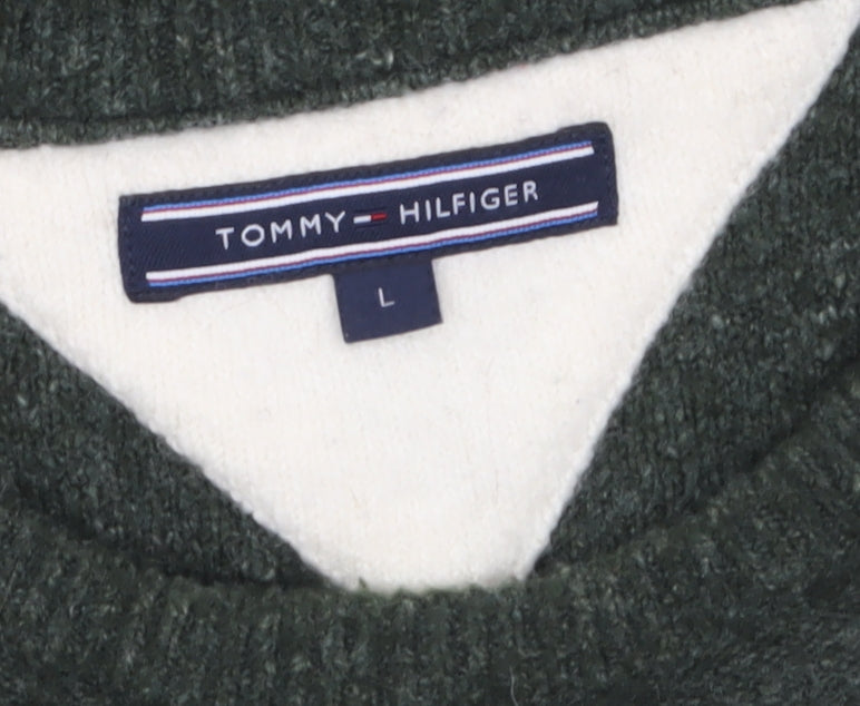 Tommy Hilfiger Men's Green Striped V-Neck Wool Blend Jumper L