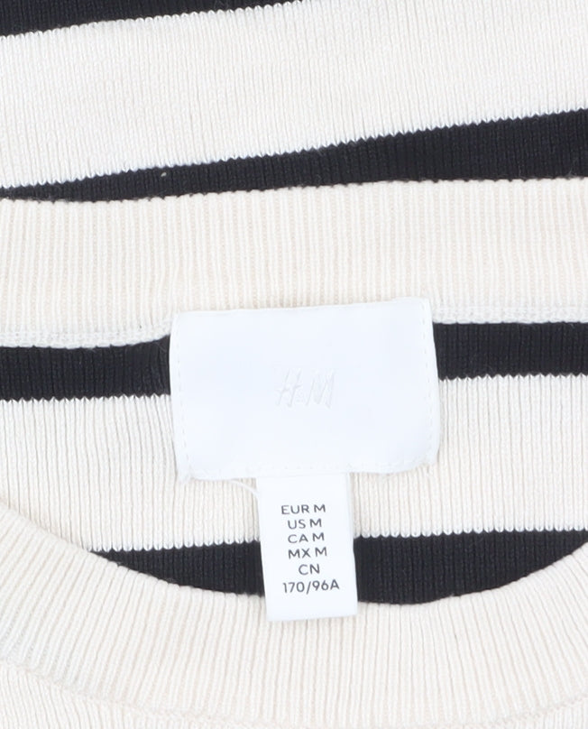 H&M Women Beige Black Striped Cotton Short Sleeve Pullover Jumper Size 12