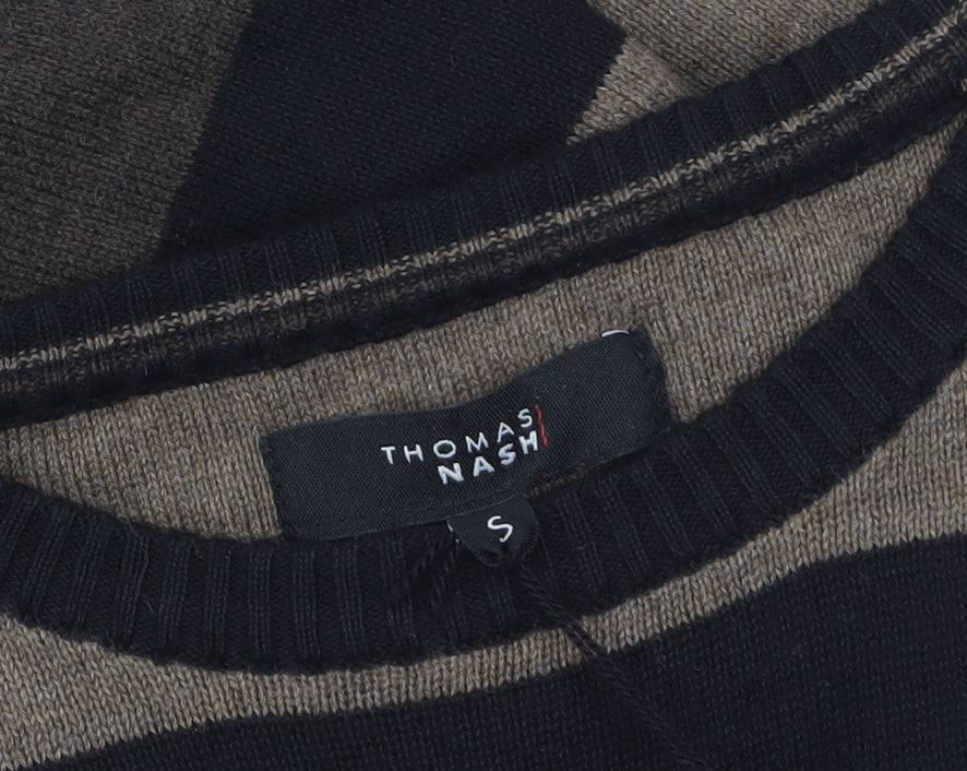 Thomas Nash Men's Brown Striped Cotton Crew Neck Jumper Small
