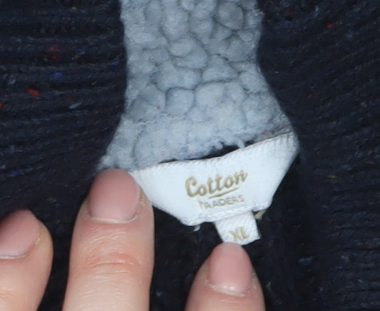 Cotton Traders Men's Blue XL Full Zip Chunky Knit Wool Jumper