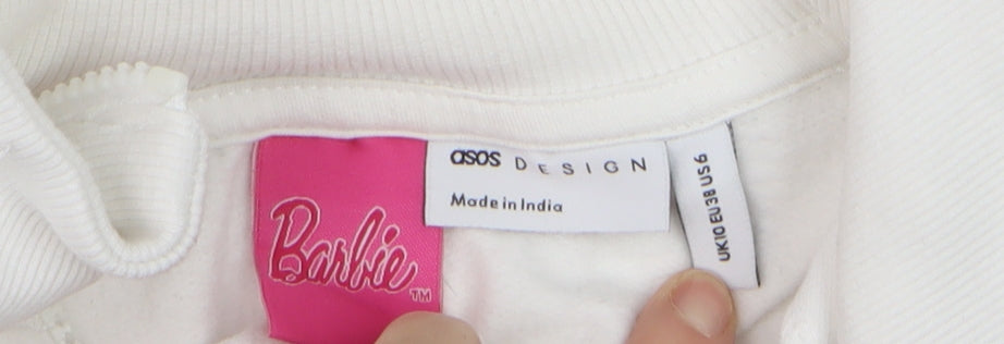 ASOS Design Barbie White 1/4 Zip Sweatshirt Women UK 10 Cotton Blend