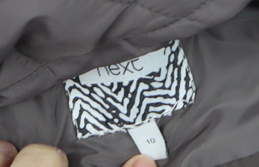 Next Womens Grey Hooded Puffer Coat Size 10 Mid-Length Quilted Zip Jacket
