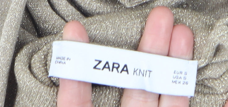 Zara Women Beige Glitter Roll Neck Knit Long Sleeve Top S