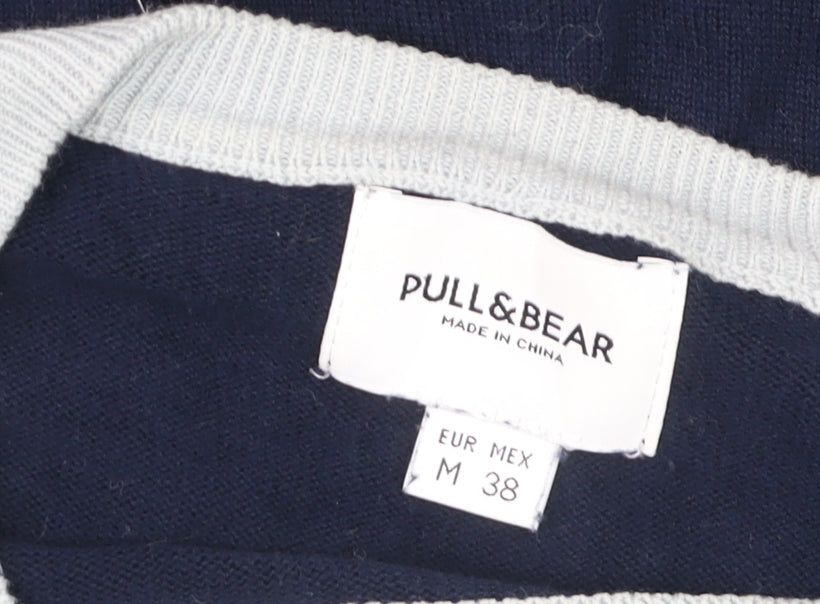 Pull&Bear Men's Blue Striped Crew Neck Jumper Size M