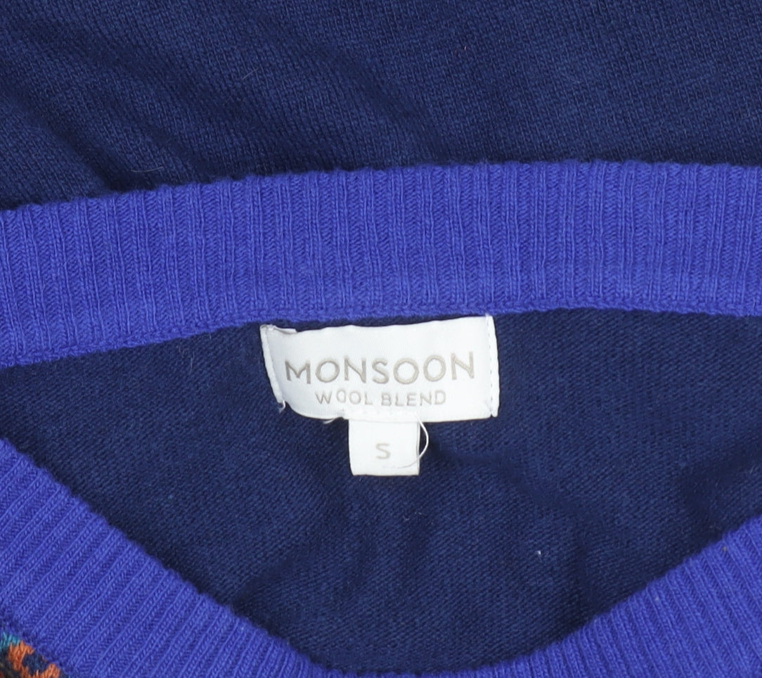 Monsoon Women’s Blue Wool Blend Sequin Fair Isle Jumper Size S