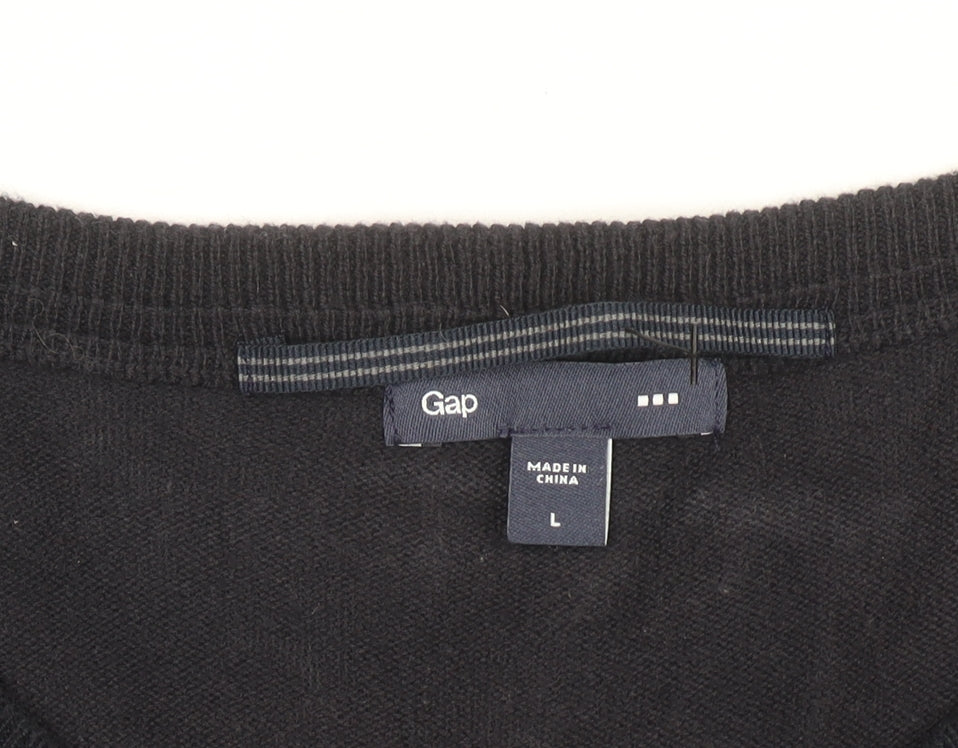 Gap Men's Black Cotton V-Neck Jumper Size L Classic Knit