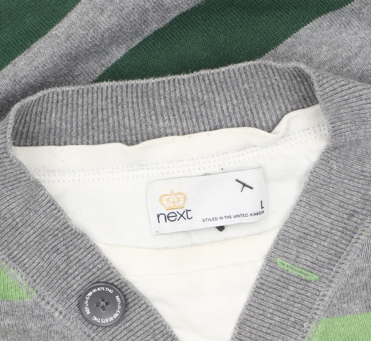 Next Mens Green Grey Striped Henley Jumper Size L Cotton Knit