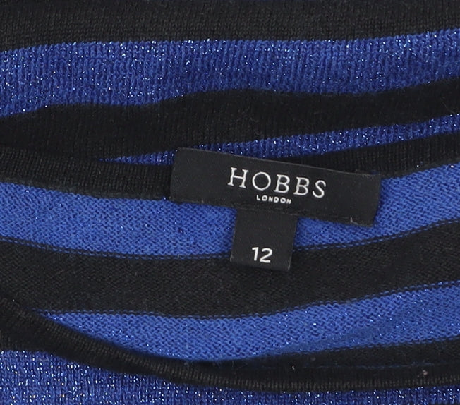 Hobbs Women’s Blue Black Striped Silk Blend Boat Neck Jumper Size 12