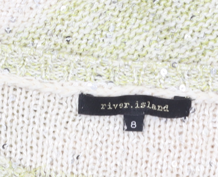 River Island Women Cream Green Striped Sequin Knit Jumper Size 8