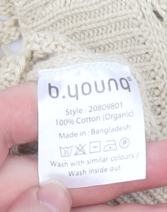 b.young Women Beige Open-Knit Cotton V-Neck Cardigan M