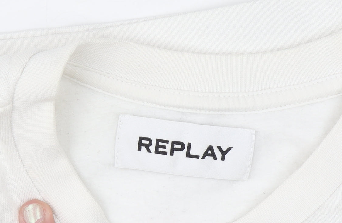 Replay Women White Cotton Blend Sweatshirt Size 3XL Crew Neck