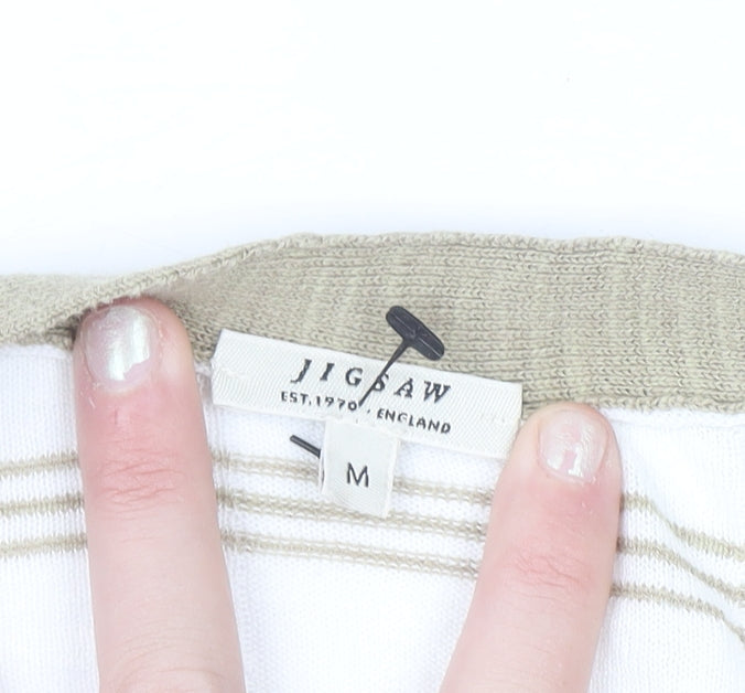 Jigsaw Women Beige Striped Linen Cotton V-Neck Button Cardigan M