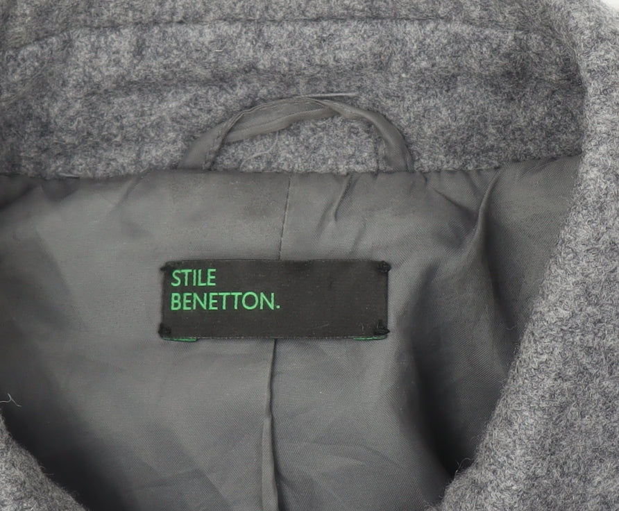 United Colors of Benetton Women Grey Wool Blend Long Coat UK 12 Classic Buttoned Overcoat