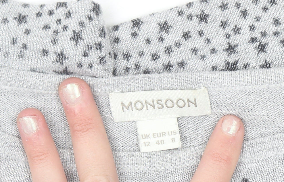 Monsoon Women Grey Star Knit Long Sleeve Crew Neck Blouse Size 12