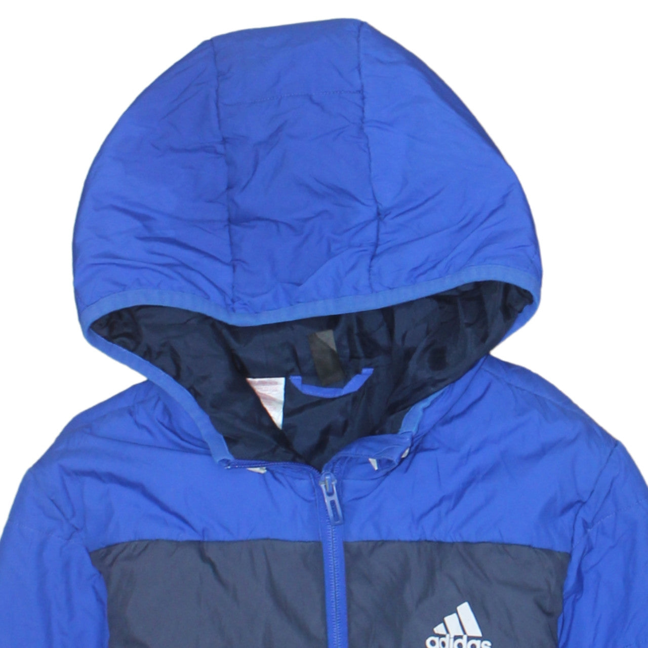 Adidas Boys Blue Hooded Puffer Jacket 11-12 Years Full Zip Lined Winter Coat