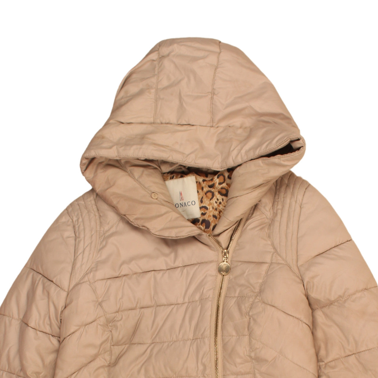 Monaco Women's Beige Long Puffer Coat Hooded Lined Jacket Size L