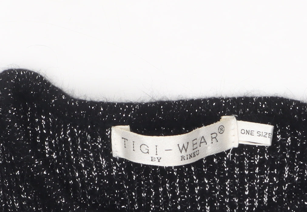 TIGI-WEAR Women Black Metallic Knit Short Sleeve Pullover Jumper One Size