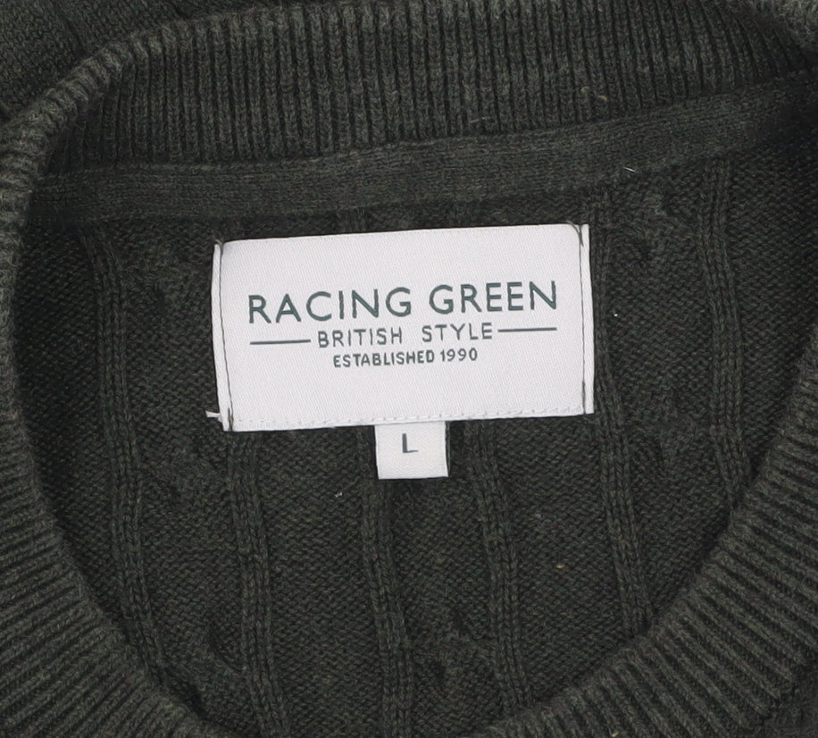 Racing Green Men’s Green Cable-Knit Cotton Jumper Size L