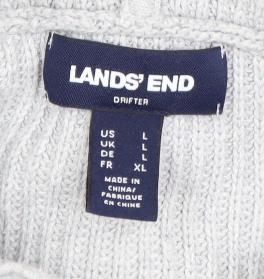 Lands' End Women Light Grey Full Zip Hooded Cardigan L 100% Cotton