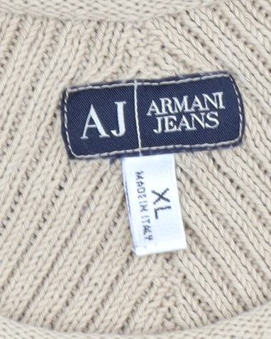 Armani Jeans Men Beige XL Ribbed Cotton Crew Neck Pullover Jumper