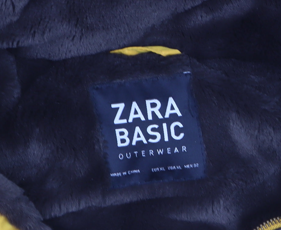 Zara Women Yellow Faux Fur Hooded Puffer Jacket XL Winter Coat