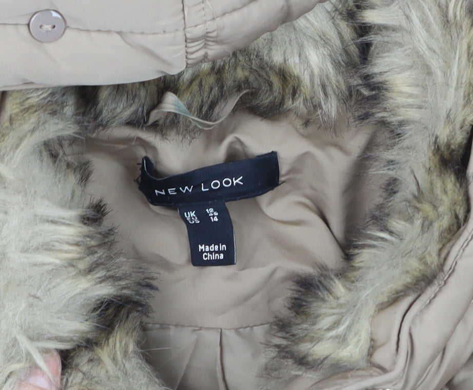 New Look Women’s Beige Puffer Jacket Size 12 Belted Faux Fur Hood Winter Coat