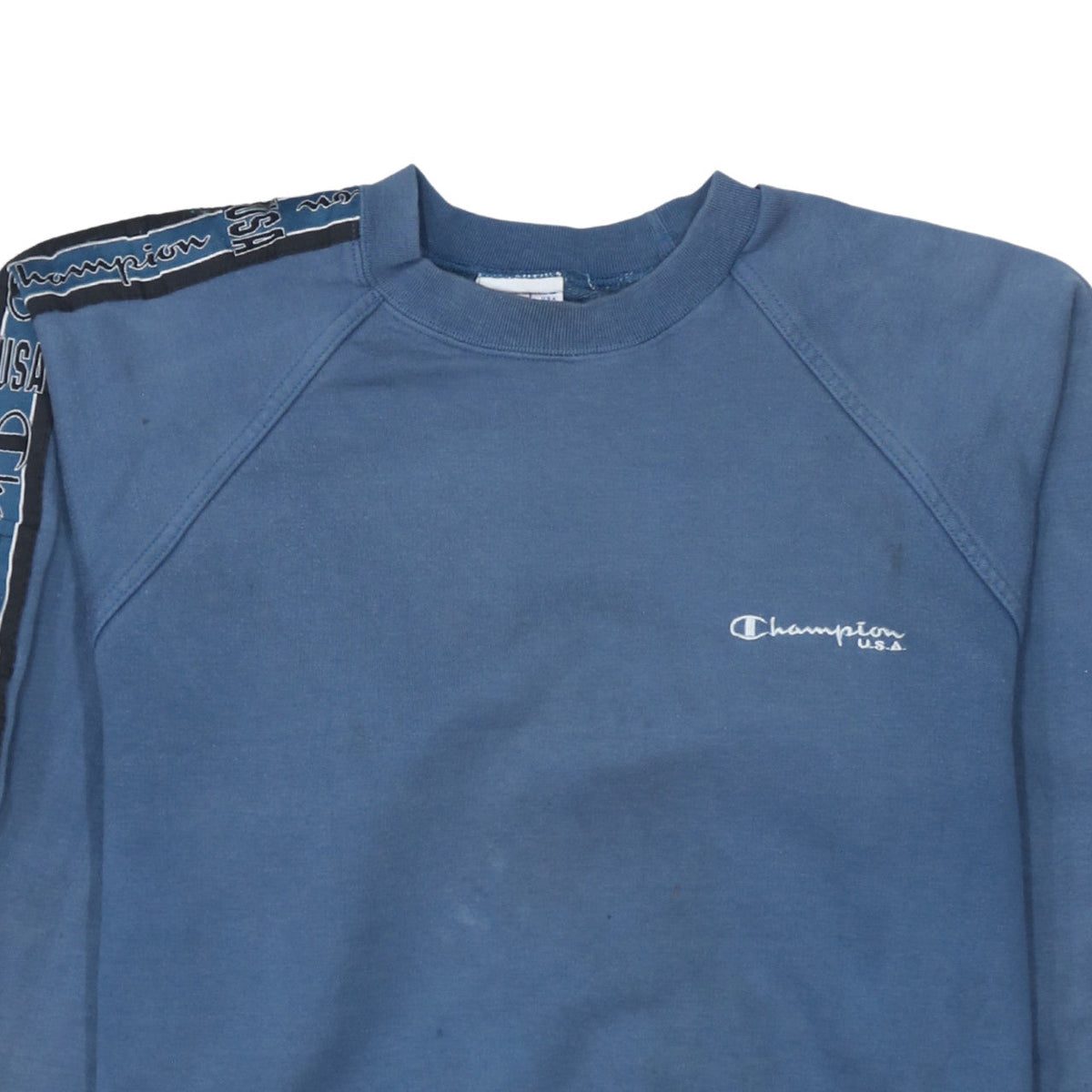 Champion USA Mens Blue Large Crew Neck Sweatshirt with Logo Tape Trim