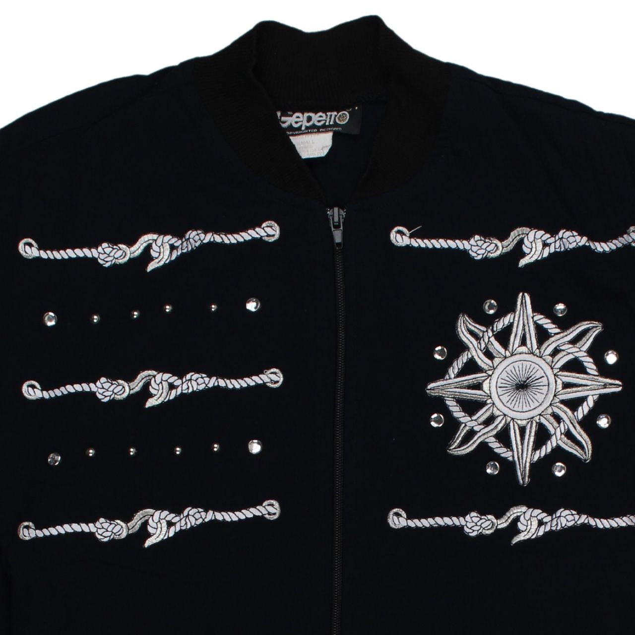Gepetto Men’s Black Embroidered Bomber Jacket Small Retro Nautical Zip