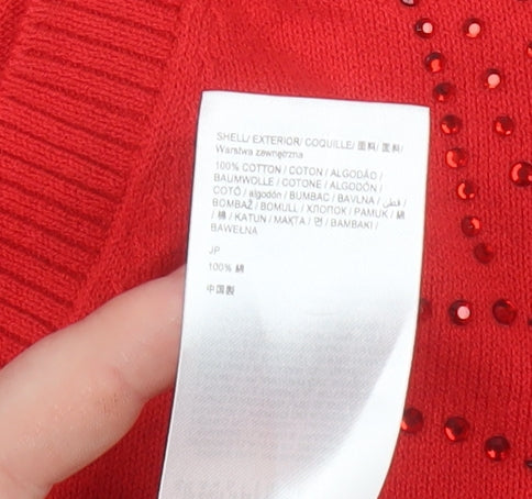 Desigual Women Red V-Neck Beaded Long Sleeve Cotton Jumper Size S