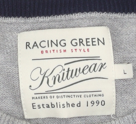 Racing Green Men's Grey Cotton Knit Crew Neck Sweatshirt L