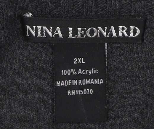 Nina Leonard Women Grey 2XL Short Sleeve Knit Cardigan