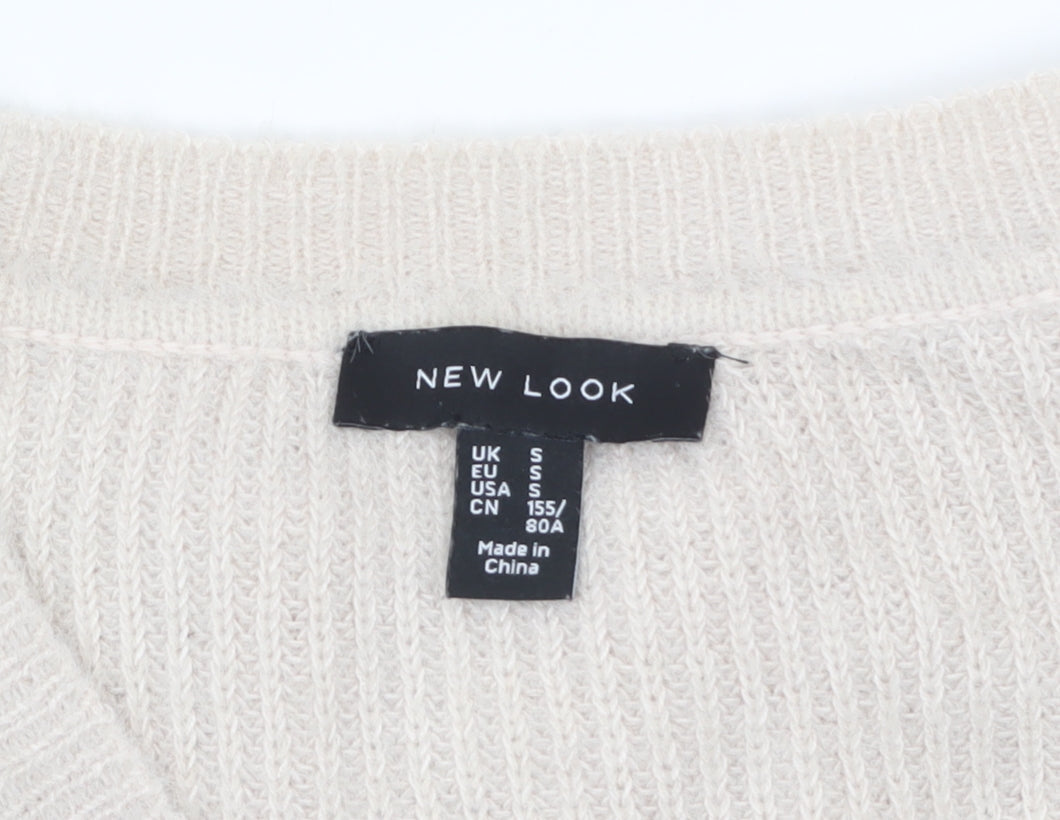 New Look Women Beige V-Neck Knit Pullover Jumper Size S