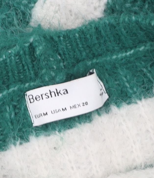 Bershka Women Green White Striped Chunky Knit Cropped Jumper Size 12