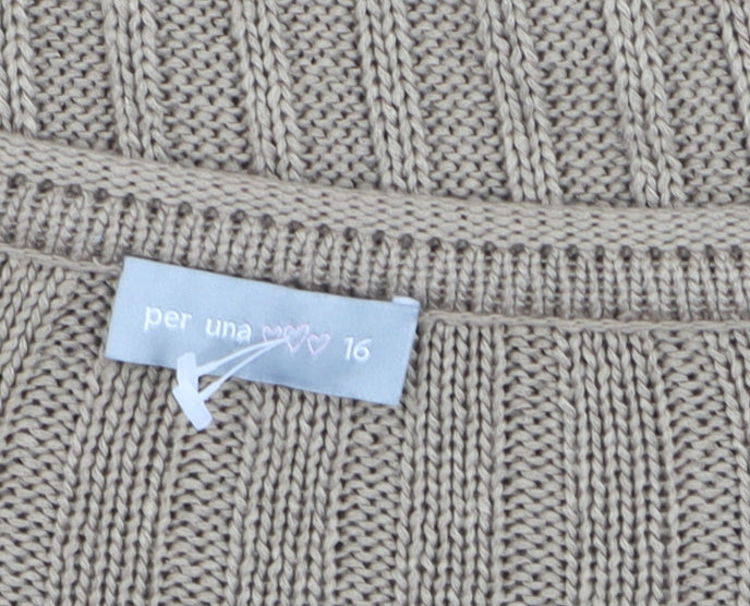 Marks and Spencer Women Beige Cotton Cable-Knit Short Sleeve Jumper Size 16