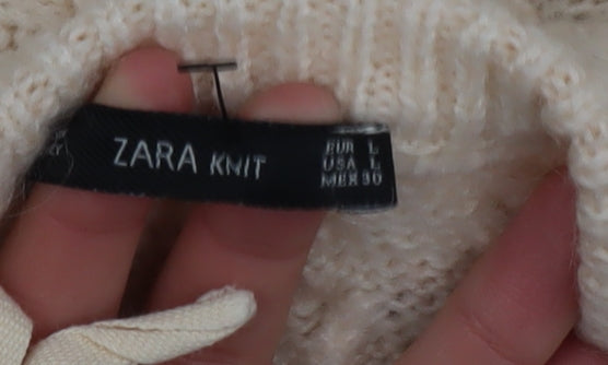 Zara Women Beige Cable-Knit Crew Neck Pullover Jumper Size L