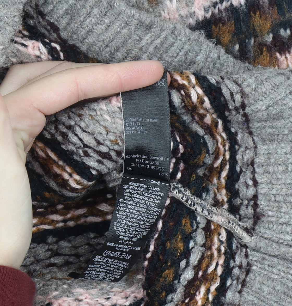 Marks & Spencer Women Grey Fair Isle Chunky Knit Jumper Size 10