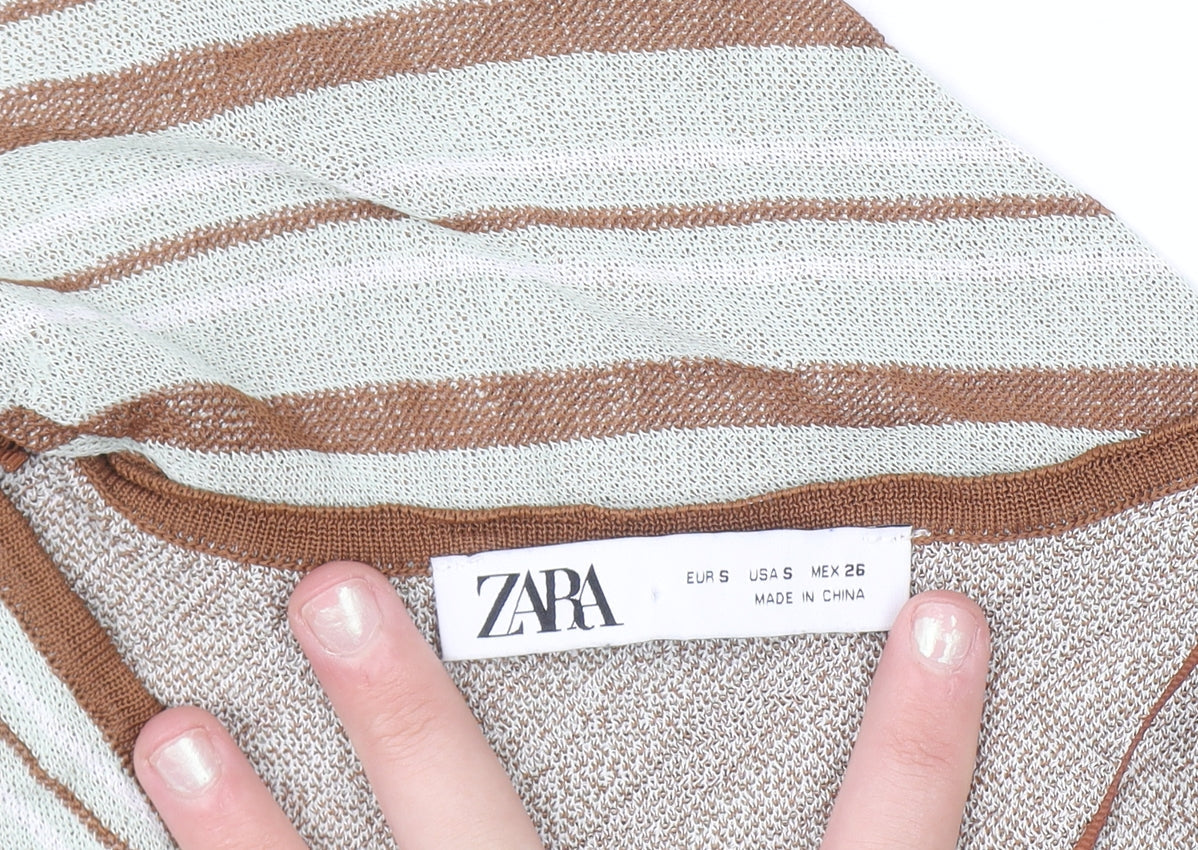 ZARA Women Brown Striped V-Neck Knit Cardigan Size S