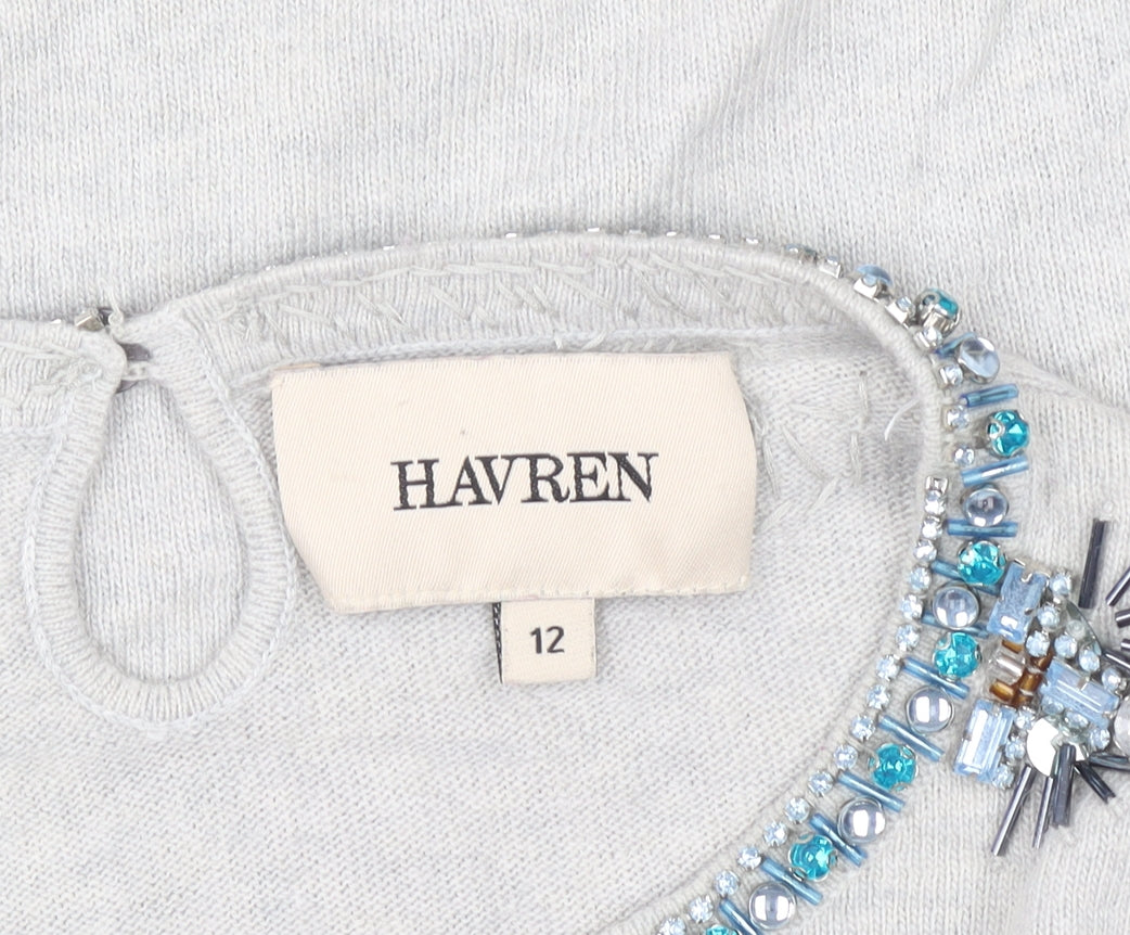 Havren Women's Grey Beaded Crew Neck Jumper Size 12