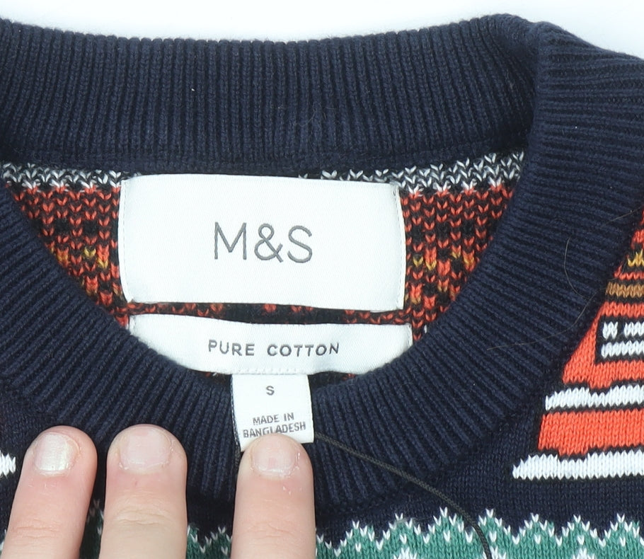 Marks & Spencer Men's Blue Christmas Cotton Jumper Size S