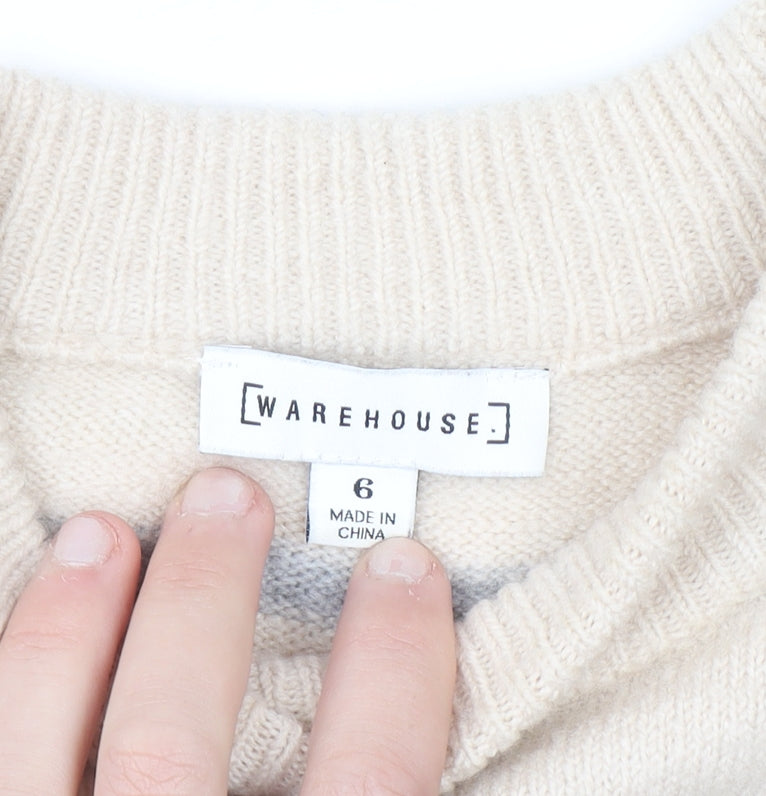 Warehouse Women’s Beige Striped Knit Jumper Size 6 Crew Neck Pullover